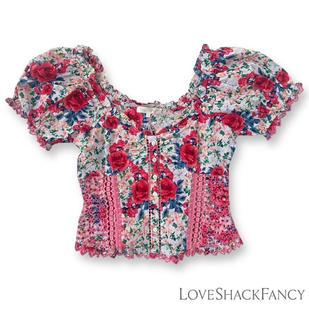 LoveShackFancy **NWT** Bryant Ruffle Trim Button Front Top in Rush of Red Floral - Picture 12 of 16